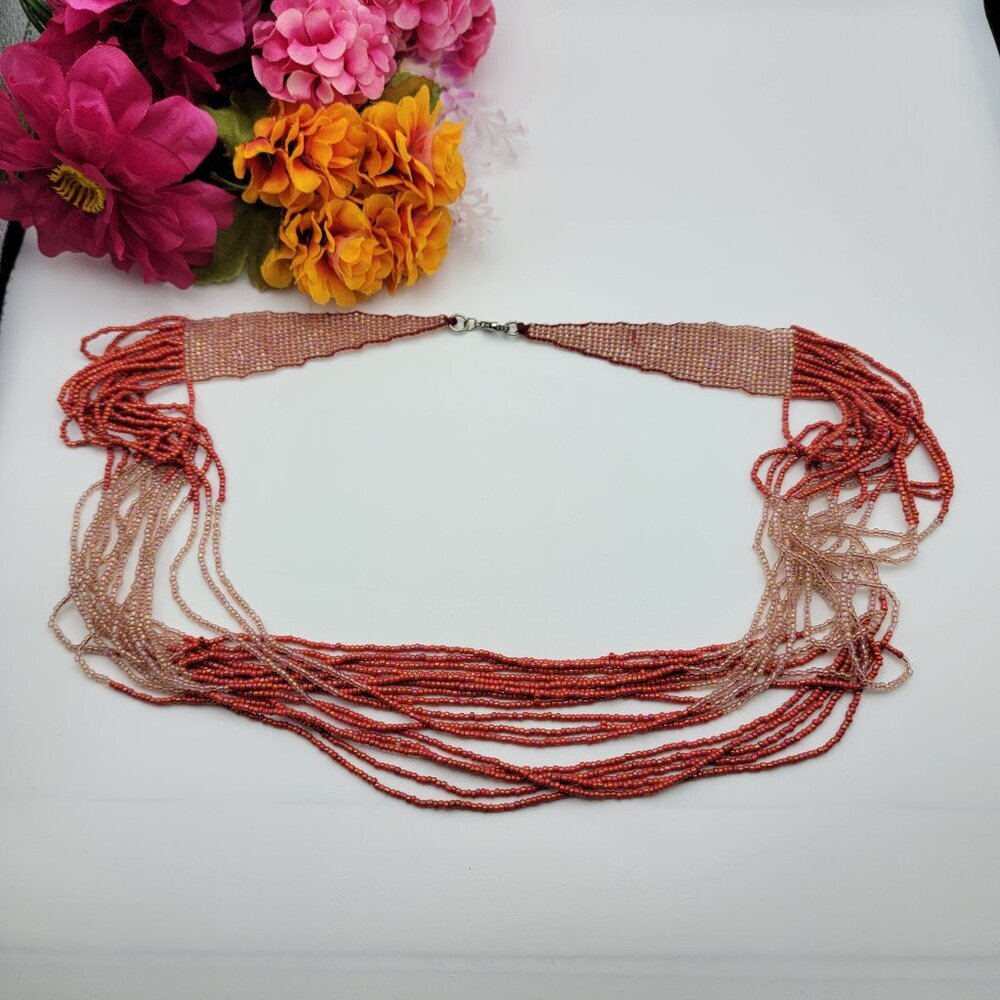 Glass Seed Bead Statement Macrame Woven Necklace 28" Red Ombre Multi Strand